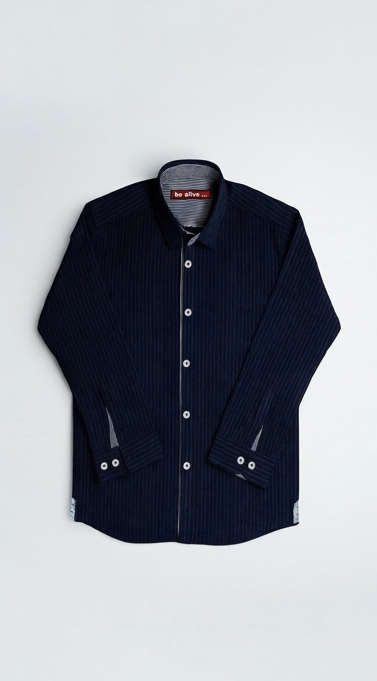 Premium Vertical Striped Denim Shirt – Classic Navy Edition
